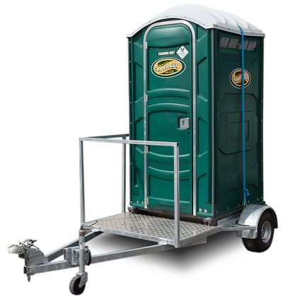 A green portable toilet trailer on a white background.
