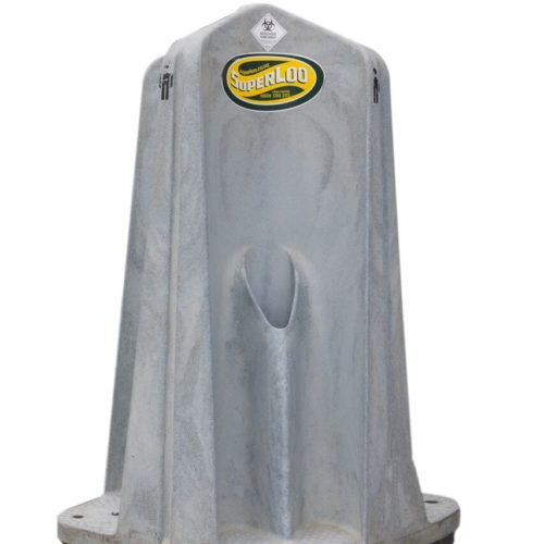 A gray plastic urinal on a white background.