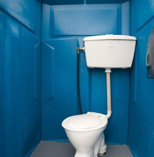 A blue Sewer Connect Unit portable toilet.