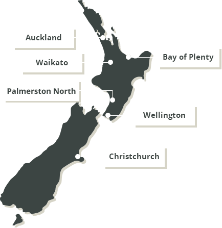 A map of new zealand showing the locations.